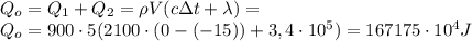 Q_o=Q_1+Q_2=\rho V(c \Delta t+\lambda) =\\ Q_o=900\cdot5(2100\cdot(0-(-15))+3,4\cdot10^5)=167175 \cdot 10^4 J