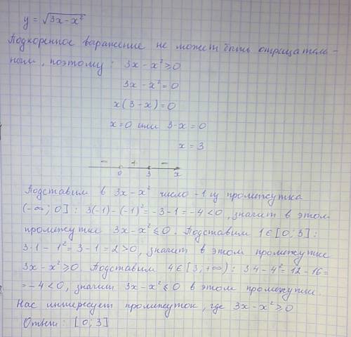 Найдите область определения функции: y=√3х-х^2 подробно нужно!