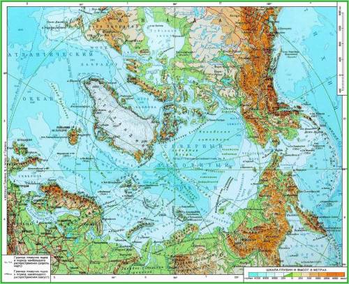 По шкале глубин на карте полушарий опредилите глубину морей северного ледовитого океана вдоль берего