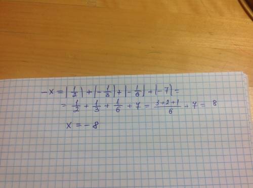 Найдите x, если: 1) -x=|1/2|+|-1/3|+|-1/6|+|-7|