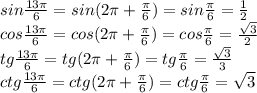 sin \frac{13 \pi }{6} =sin(2 \pi + \frac{ \pi }{6} ) = sin \frac{ \pi }{6} = \frac{1}{2} \\&#10;cos \frac{13 \pi }{6} =cos(2 \pi + \frac{ \pi }{6} ) =cos \frac{ \pi }{6} = \frac{ \sqrt{3} }{2} \\&#10;tg \frac{13 \pi }{6} =tg(2 \pi + \frac{ \pi }{6} ) = tg \frac{ \pi }{6} = \frac{ \sqrt{3} }{3} \\&#10;ctg \frac{13 \pi }{6} =ctg(2 \pi + \frac{ \pi }{6} ) = ctg \frac{ \pi }{6} = \sqrt{3} \\