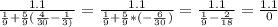 \frac{1.1}{\frac{1}{9}+\frac{5}{9}( \frac{4}{30}-\frac{1}{3)} }= \frac{1.1}{\frac{1}{9}+\frac{5}{9}*(-\frac{6}{30}) }=\frac{1.1}{\frac{1}{9}-\frac{2}{18} } =\frac{1.1}{0}