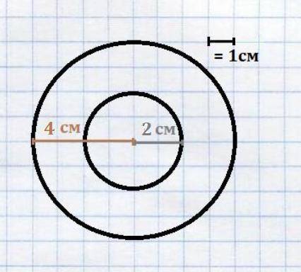 Начерти окружность с радиусом длиной 2 см. начерти другую окружность с тем же центром и радиусом дли