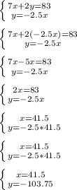 \left \{ {{7x+2y=83} \atop {y=-2.5x}} \right. \\\\ &#10; \left \{ {{7x+2(-2.5x)=83} \atop {y=-2.5x}} \right. \\\\ &#10; \left \{ {{7x-5x=83} \atop {y=-2.5x}} \right. \\\\&#10;\left \{ {{2x=83} \atop {y=-2.5x}} \right. \\\\&#10;\left \{ {{x=41.5} \atop {y=-2.5*41.5}} \right. \\\\&#10;\left \{ {{x=41.5} \atop {y=-2.5*41.5}} \right. \\\\ &#10;\left \{ {{x=41.5} \atop {y=-103.75}} \right.