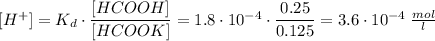 [H^{+}] = K_{d} \cdot \dfrac{[HCOOH]}{[HCOOK]} = 1.8 \cdot 10^{-4} \cdot \dfrac{0.25}{0.125} = 3.6 \cdot 10^{-4} \; \frac{mol}{l}