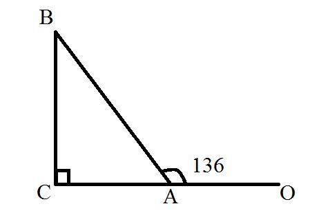 Впрямоугольном треугольнике abc угол c прямой,а внешний угол при вершине a равен 136 градусов. найди