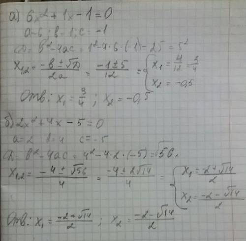 Уравнение имеет вид a*x2+b*x+c = 0. решите уравнение, используя алгоритм, при а) a = 6, b = 1, c =-1
