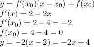 y=f'(x_0)(x-x_0)+f(x_0)\\f'(x)=2-2x\\f'(x_0)=2-4=-2\\f(x_0)=4-4=0\\y=-2(x-2)=-2x+4