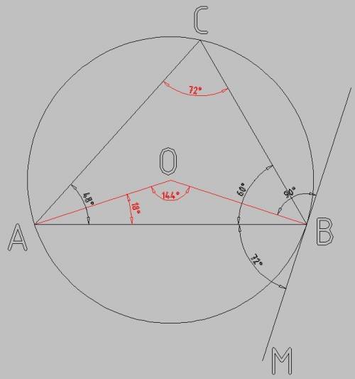 Треугольник abc вписанан в окружность кгол a: углу b: углуc=4: 5: 6 bm-касательная найти угол мba и