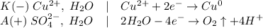 \begin{array}{lcl} K(-) \; Cu^{2+}, \; H_{2}O &|& Cu^{2+} + 2e^{-} \to Cu^{0} \\ A(+) \; SO_{4}^{2-}, \; H_{2}O &|& 2H_{2}O - 4e^{-} \to O_{2}\uparrow + 4H^{+} \end{array}