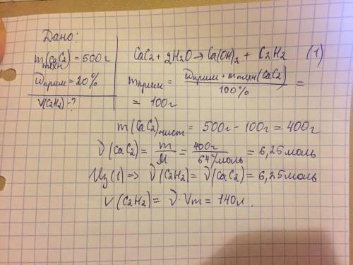 Решите , . нужно полное оформление, т.е. дано/найти/решение. : 500 грамм технического карбида кальци