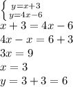 \left \{ {{y=x+3} \atop {y=4x-6}} \right. &#10;\\x+3=4x-6&#10;\\4x-x=6+3&#10;\\3x=9&#10;\\x=3&#10;\\y=3+3=6