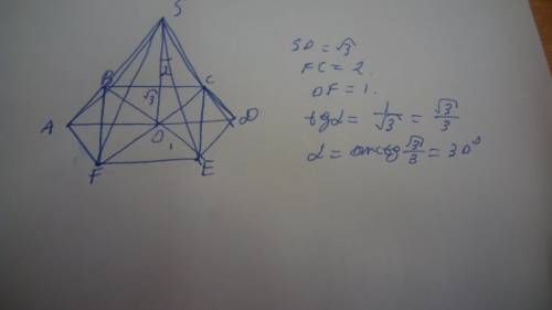 Вправильной шестиугольной пирамиде sabcdef сторона основания равна 1, а высота равна корень из 3. на