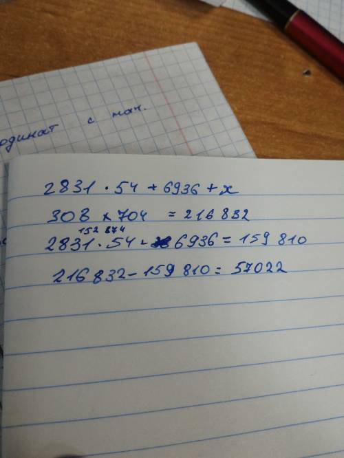 Ввставь пропущенные числа 6936 + 2831 x 54 плюс неизвестное равно 308 х 704