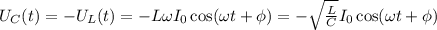U_C (t)= -U_L(t) = - L \omega I_0 \cos(\omega t + \phi) = - \sqrt{\frac{L}{C}}I_0 \cos(\omega t + \phi)