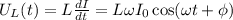U_L (t)= L \frac{d I}{d t} = L \omega I_0 \cos(\omega t + \phi)