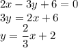 2x-3y+6=0 \\ 3y=2x+6 \\ y= \dfrac{2}{3} x+2