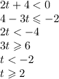 2t + 4 < 0 \\ 4 - 3t \leqslant - 2 \\ 2t < - 4 \\ 3t \geqslant 6 \\ t < - 2 \\ t \geqslant 2 \\