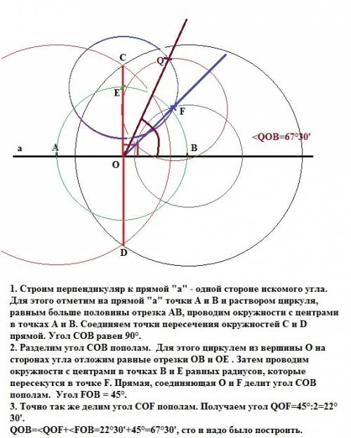 Как с циркуля и линейки построить угол,равный 67 градусов 30 минут? с