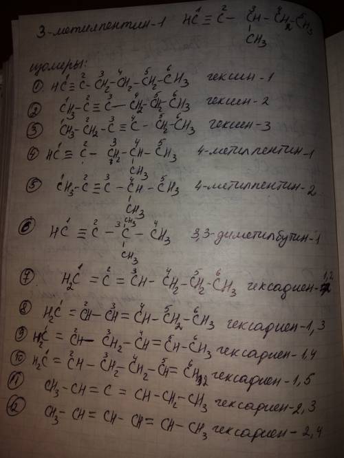 Запишите формулы возможных изомеров 3-метилпентина-1. дайте название всех соединение. , не копируйте