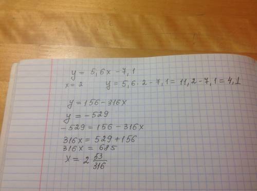 Найдите значения функции y=5.6x-7.1 при x=2 найти значения аргумента при котором значение функции y=