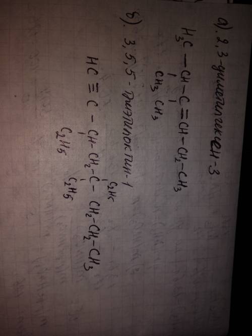 Напишите структурные формулы следующих соединений : а) 2,3-диметил гексан-3 б) 3,5,5-триэтил октин-1