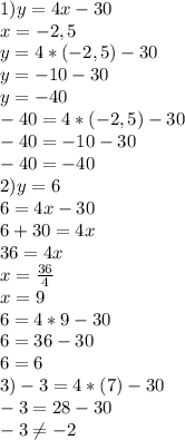 1) y=4x-30 \\ x= - 2,5 \\ y = 4*(-2,5) - 30 \\ y = -10 - 30 \\ y= - 40 \\ -40 = 4*(-2,5) - 30 \\ -40 = -10 - 30 \\ -40=-40 \\ 2) y=6 \\ 6 = 4x - 30 \\ 6 + 30 = 4x \\ 36 = 4x \\ x = \frac{36}{4} \\ x = 9 \\ 6 = 4*9 - 30 \\ 6 = 36 - 30 \\ 6=6 \\ 3) -3 = 4* (7) - 30 \\ -3 = 28-30 \\ -3 \neq - 2