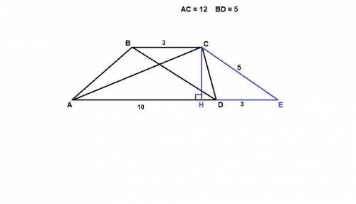Найдите площадь трапеции с основаниями 3 и 10 и диагоналями 5 и 12