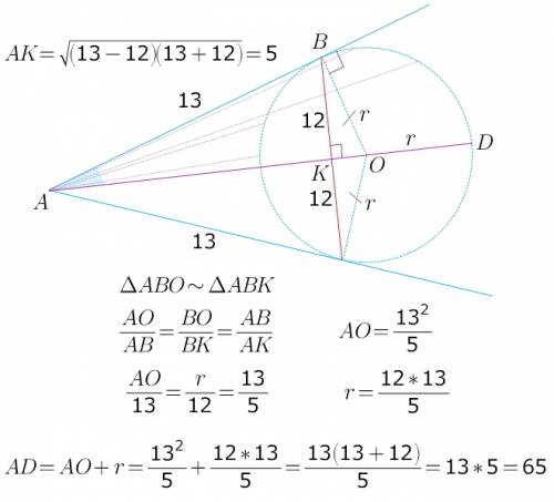 1)из точки а проведены две касательные к окружности. расстояние от точки а до точки касания равно 13