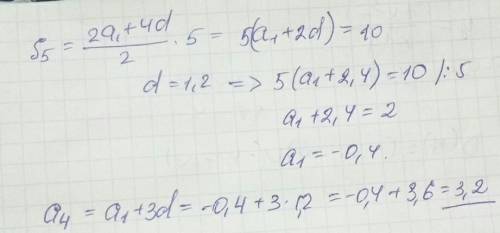 Дана арифметическая прогрессия. найдите а4 если s5=10 и d=1,2