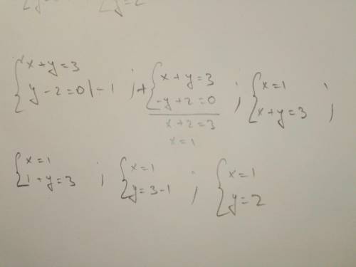 Решите графически систему уравнений {x+y=3 {y-2=0
