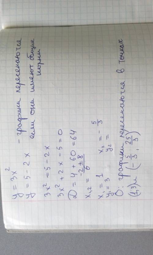 Пересекаются ли графики функций у=3х^2 и у=5-2х с подробным объяснением