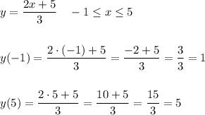 \displaystyle y=\frac{2x+5}3\quad -1 \leq x \leq 5\\\\\\y(-1)=\frac{2\cdot (-1)+5}{3}=\frac{-2+5}3=\frac{3}3=1\\\\\\y(5)=\frac{2\cdot 5+5}{3}=\frac{10+5}3=\frac{15}3=5