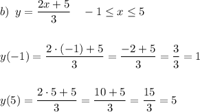 b)\,\,\,\displaystyle y=\frac{2x+5}3\quad -1 \leq x \leq 5\\\\\\y(-1)=\frac{2\cdot (-1)+5}{3}=\frac{-2+5}3=\frac{3}3=1\\\\\\y(5)=\frac{2\cdot 5+5}{3}=\frac{10+5}3=\frac{15}3=5