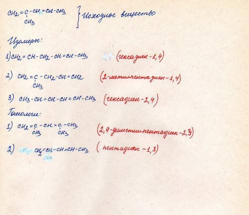 Для вещества 2-метилпентадиен-1,3 составить формулы двух гомологов и трех изомеров (положения кратны