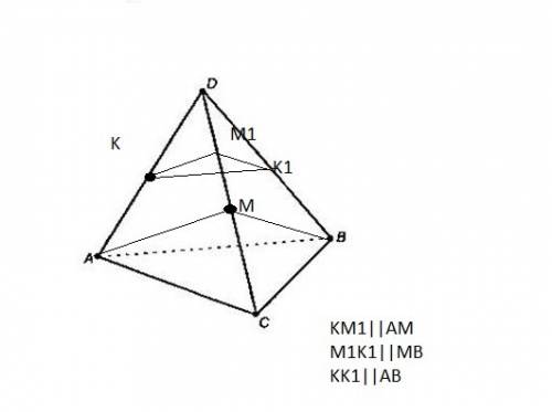Дан тетраэдр abcd. точка m - середина ребра dc, точка k - середина ребра ad. постройте сечение тетра