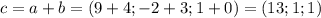 c = a + b = (9+4; -2+3; 1+0) = (13; 1; 1)