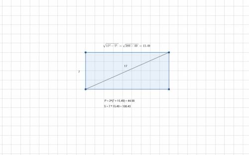 Найдите периметр и площадь прямоугольника одна сторона которого равна 7 см а диагональ 17 см