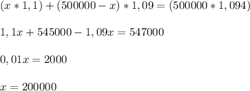 (x*1,1) + (500000 - x)*1,09 = (500000*1,094) \\ \\ 1,1x + 545000 - 1,09x = 547 000 \\ \\ 0,01x = 2 000 \\ \\ x = 200000