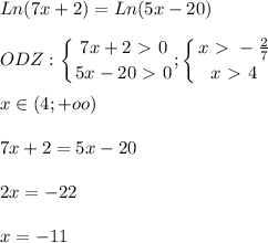 \displaystyle Ln(7x+2)=Ln(5x-20)\\\\ODZ: \left \{ {{7x+2\ \textgreater \ 0} \atop {5x-20\ \textgreater \ 0}}; \left \{ {{x\ \textgreater \ - \frac{2}{7}} \atop {x\ \textgreater \ 4}} \right. \right.\\\\x\in (4;+oo)\\\\7x+2=5x-20\\\\2x=-22\\\\x=-11