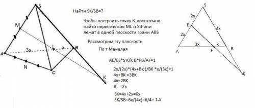 Дана пирамида sabc, у которой все рёбра равны. точка m и n - середины рёбер as и ac. точка l лежит н