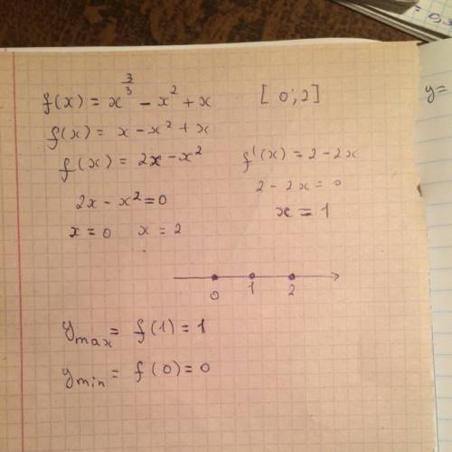 Найдите наибольшее и наименьшее значение функции f(x)=x^3/3-x^2+x на отрезке [0: 2]