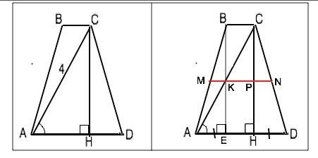 Діагональ проведена через середню лінію рівнобічної трапеції дорівнює 4 см.діагональ утворює з основ