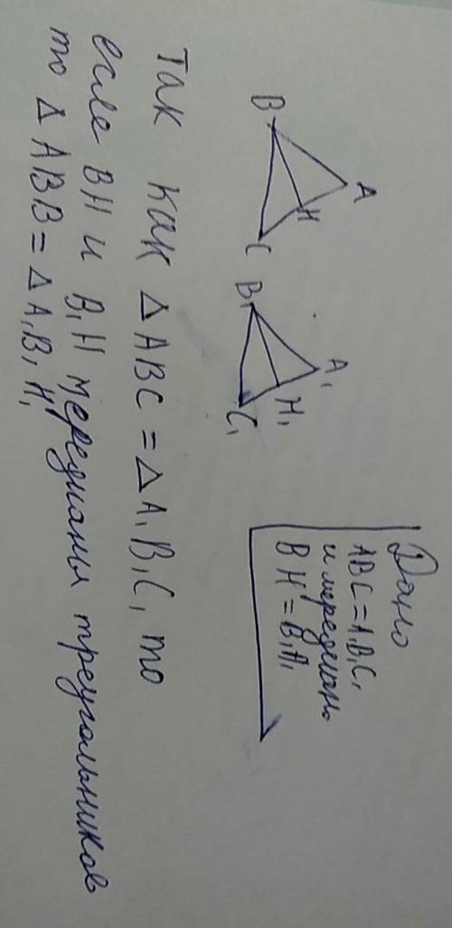 Даны два равных треугольника abc и a1b1c1 в которых bh и b1h1 соответственно их медианы.докажите рав