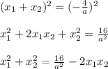 (x_1 + x_2)^2 = (- \frac{4}{a} )^2 \\ \\ x_1^2 + 2x_1 x_2 + x_2^2 = \frac{16}{a^2} \\ \\ x_1^2 + x_2^2 = \frac{16}{a^2} - 2x_1 x_2