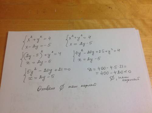 Решить систему уравнений: x2+y2=4 x-2y=-5