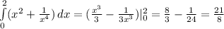 \int\limits^2_0 ({x^2+ \frac{1}{x^4})} \, dx=( \frac{x^3}{3}- \frac{1}{3x^3})|^2_0= \frac{8}{3}- \frac{1}{24}= \frac{21}{8}