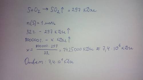 По уравнению реакции горения серы s + o₂ = so₂ + 297 кдж вычислите, сколько тепловой энергии выделит