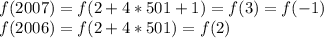 f(2007) = f(2+4*501+1)=f(3)=f(-1)\\f(2006)=f(2+4*501) = f(2)