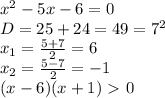 x^2-5x-6=0 \\D=25+24=49=7^2 \\x_1= \frac{5+7}{2} =6 \\x_2= \frac{5-7}{2} =-1 \\(x-6)(x+1)\ \textgreater \ 0